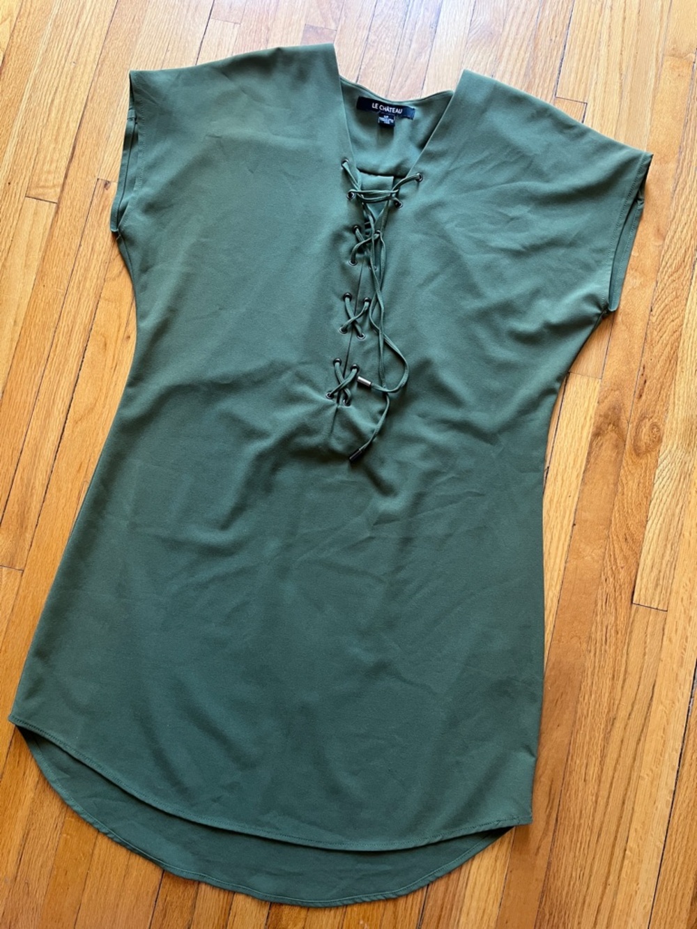 Le Chateau Olive Green Lace-Up V-Neck Mini Dress